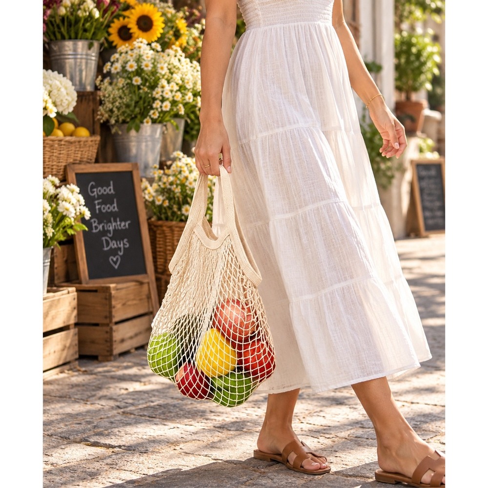 Cotton Cream Mesh Market Bag Reusable Net Tote Eco Friendly Grocery Beach Bag